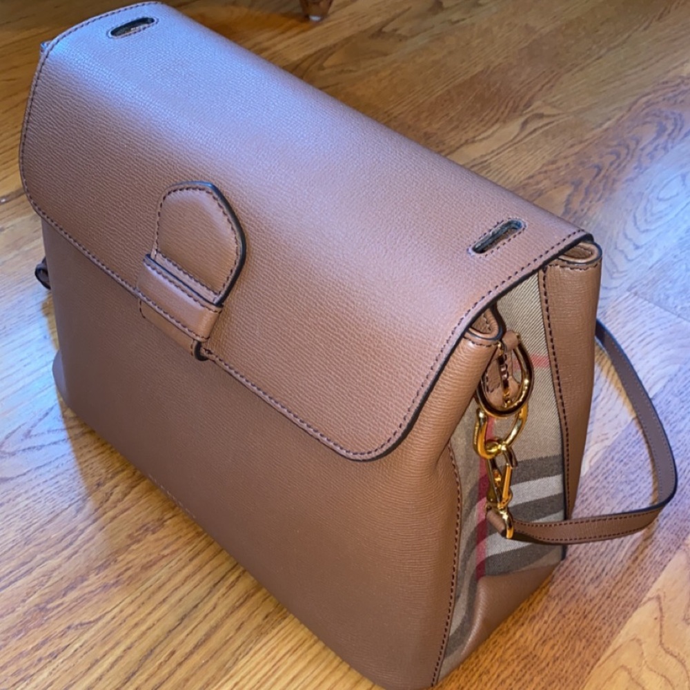 Burberry Taupe Leather Laptop Bag with Signature Check Accent